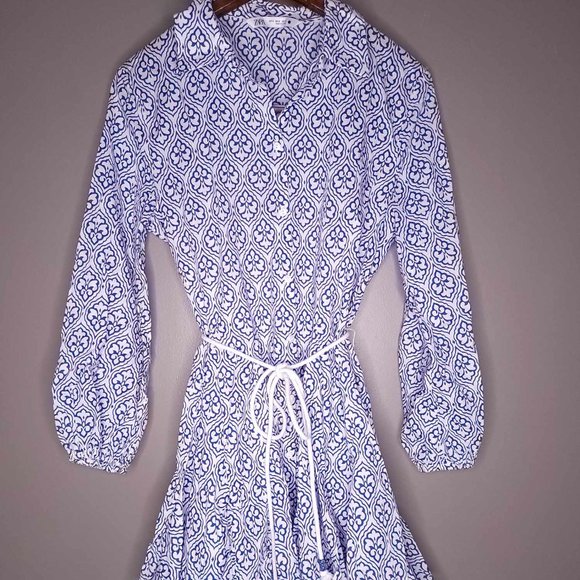 Zara Dresses Zara Womens Medium White Blue Floral Rope Belt Mini